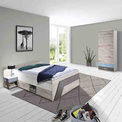 Jugendzimmer Set mit 140x200cm Bett LEEDS-10 in Sandeiche Nachbildung mit weiß, Lava und Denim Blau