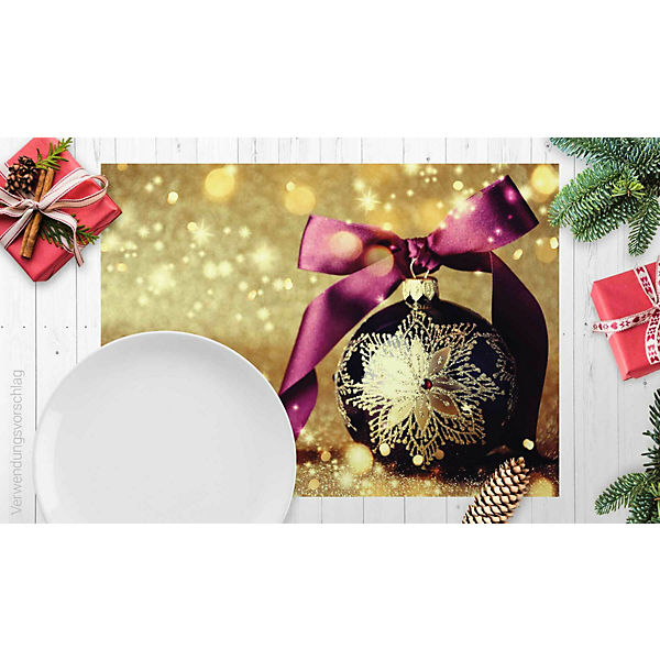 Tischset Platzsets - Weihnachten - Weihnachtsdeko - Christbaumkugel lila mit gold - 12 Stück aus hochwertigem Papier - 44 x 32 cm - Die besondere Tischdekoration für die Weihnachtszeit
