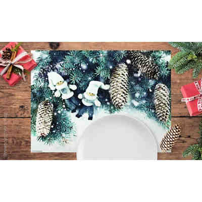 Tischset Platzsets - Weihnachten - Weihnachtsdeko - Weihnachtsmotiv mit Tannenzweigen und Strickpüppchen - 12 Stück aus hochwertigem Papier - 44 x 32 cm - Die besondere Tischdekoration für die Weih