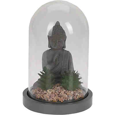 Glasglocke mit Buddha und Kunstpflanzen, Ø14cmxH24cm