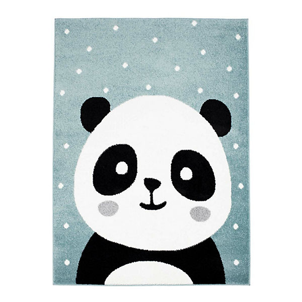 Kinderteppich mit Panda-Bär - Kinderzimmerteppich Blau - Teppich Babyzimmer Flachflor