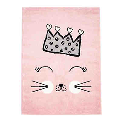 Kinderteppich mit Katze, Krone - Kinderzimmerteppich Rosa - Teppich Babyzimmer Flachflor