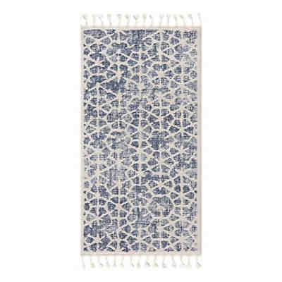 Teppich Kurzflor Skandi-Look mit Fransen - Blau - Wohnzimmerteppich Modern
