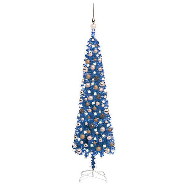 Schlanker Weihnachtsbaum mit LEDs & Kugeln Blau 120 cm