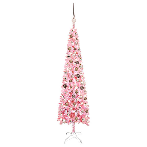 Schlanker Weihnachtsbaum mit LEDs & Kugeln Rosa 150 cm Künstlicher Weihnachtsbaum
