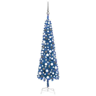 Schlanker Weihnachtsbaum mit LEDs & Kugeln Blau 150 cm Künstlicher Weihnachtsbaum