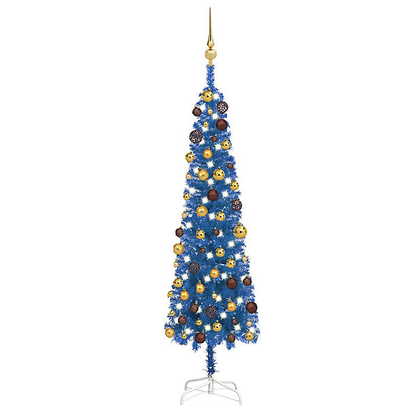 Weihnachtsbaum Schlank mit LEDs & Kugeln Blau 150 cm