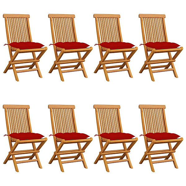 Gartenstühle mit Roten Kissen 8 Stk. Massivholz Teak