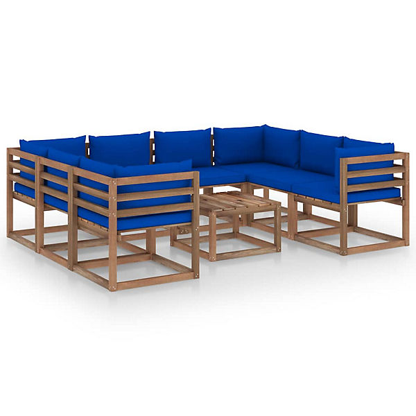 9-tlg. Garten-Lounge-Set mit Blauen Kissen Gartenmöbel-Set