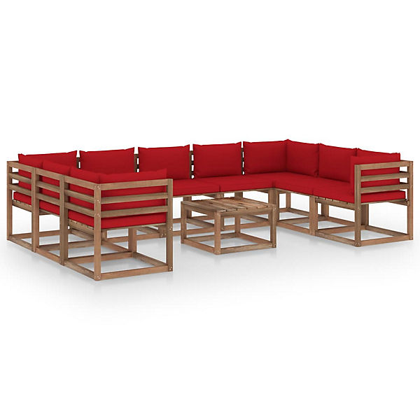 10-tlg. Garten-Lounge-Set mit Roten Kissen Gartenmöbel-Set
