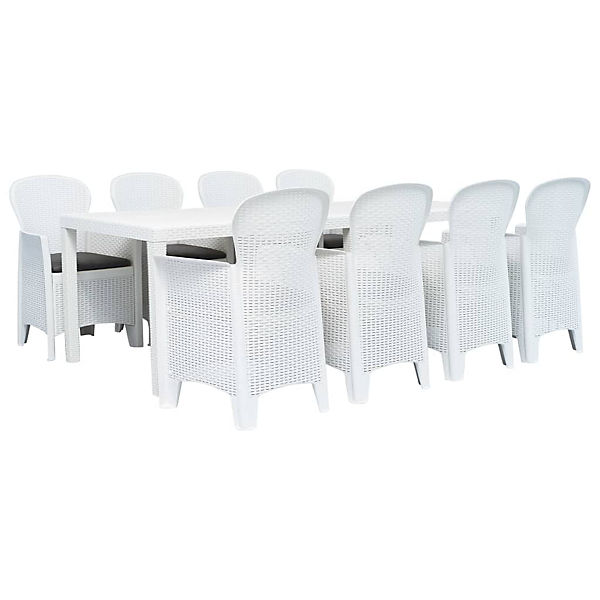 9-tlg. Garten-Essgruppe Kunststoff Weiß Rattan-Optik Gartentisch und -stuhl