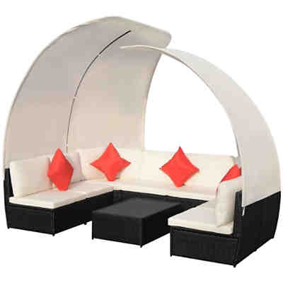 Gartensofa mit Sonnendach 34-tlg. Poly Rattan Sofa Lounge Braun/Schwarz Gartenmöbel Set