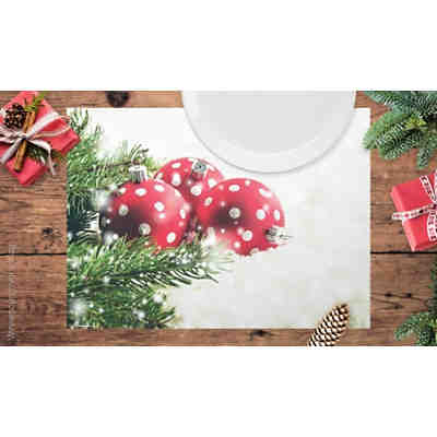 Tischset Platzsets - Weihnachten - Weihnachtsdeko - 3 rote Christbaumkugeln mit Punkten - 12 Stück aus hochwertigem Papier - 44 x 32 cm - Die besondere Tischdekoration für die Weihnachtszeit