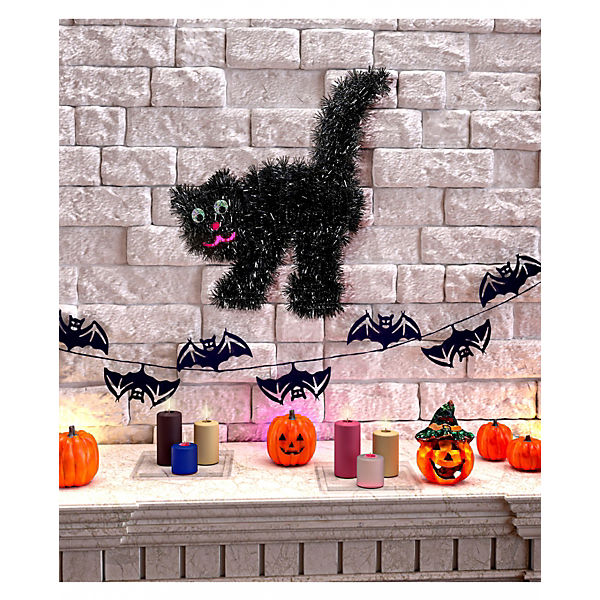 Schwarze Katze aus Lametta für Halloween Partydeko