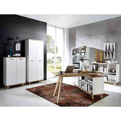 Büromöbel Set SOSLO-01 supermatt weiß, Sanremo Eiche, Schreibtisch mit Sideboard, 2 Aktenschränke, 2 Regale