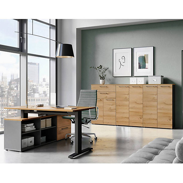 Büromöbel Set mit Winkelschreibtisch AURAY-01 graphit mit Grandson-Eiche Nb.,
