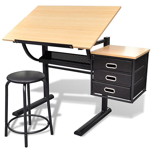 Zeichentisch mit neigbarer Tischplatte 3 Schubladen und Hocker Zeichentisch