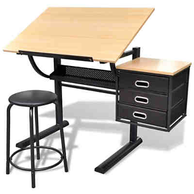 Zeichentisch mit neigbarer Tischplatte 3 Schubladen und Hocker Zeichentisch