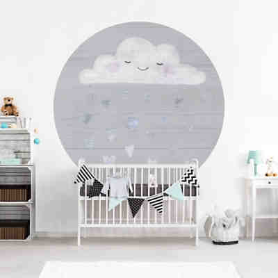 Runde Tapete selbstklebend Kinderzimmer Wolke mit silbernen Herzen