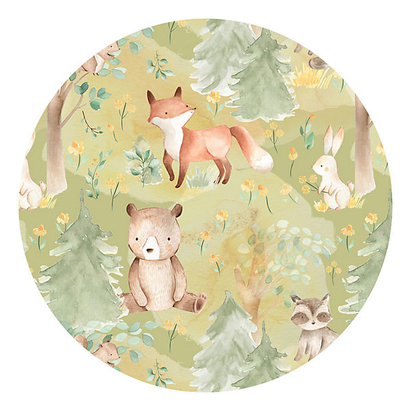 Runde Tapete selbstklebend Kinderzimmer Hase und Fuchs auf Grüner Wiese