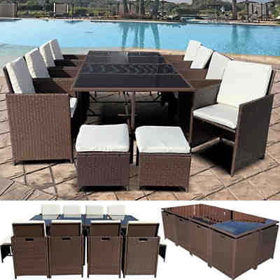 Sitzgruppe Gartenmöbel Loungeset aus Polyrattan in Braun mit Tisch, Stühlen, Hocker & Sitzkissen