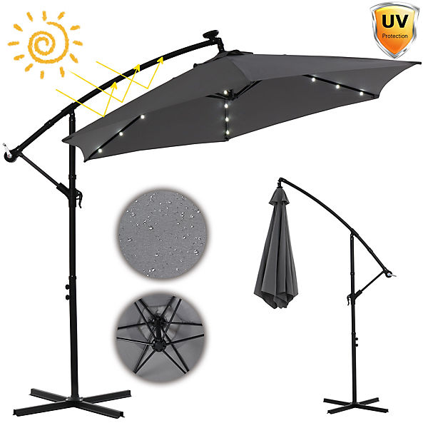 Gartenschirm Sonnenschirm Ampelschirm mit LED 300 cm in Grau Aufklappbarer Kurbelschirm mit UV-Schutz