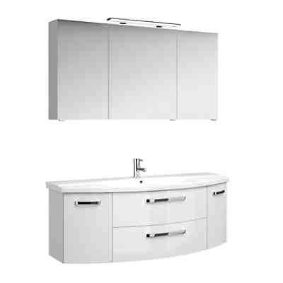Badezimmer Set in Hochglanz weiß FES-4010-66  Waschtischunterschrank mit 144cm Keramikbecken, B/H/T: 144/175/50cm