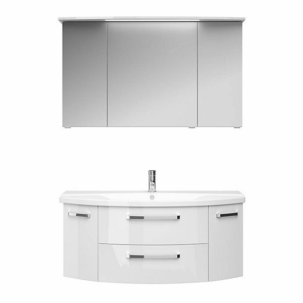 Waschplatz-Set FES-4010-66 mit Unterschrank, Keramikbecken und Spiegelschrank in weiß glänzend - B/H/T: 121/175/48cm