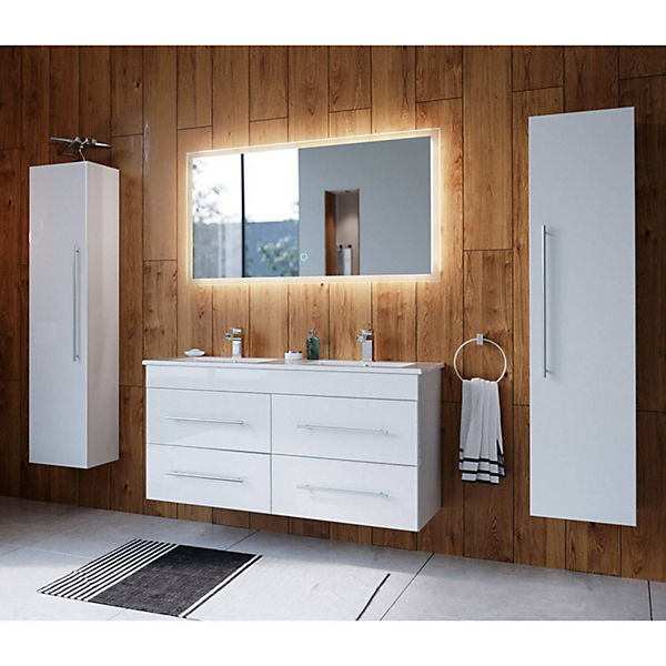 Badezimmer Set LAOS-02 weiss Hochglanz inkl. LED Spiegel mit Touch-Funktion und Keramikwaschtisch