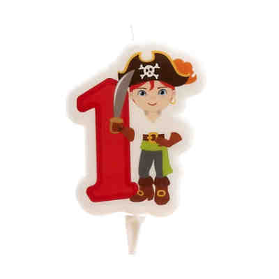Geburtstagskerze mit Pirat zum Geburtstag, rot-weiß, 7cm