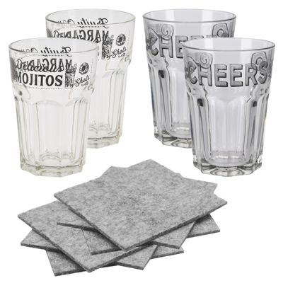 Neuetischkultur Retro-Gläser 4-teilig mit 6x Untersetzer Glas/Filz transparent | 04250648982084