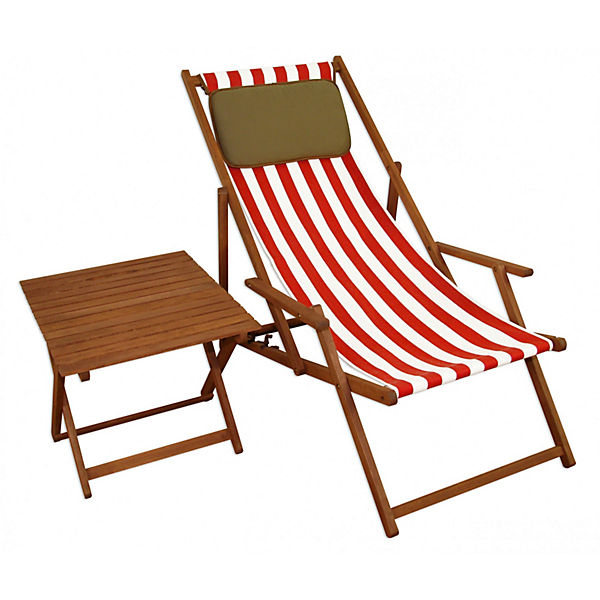 Gartenliege rot-weiß Liegestuhl Tisch Kissen Sonnenliege Deckchair
