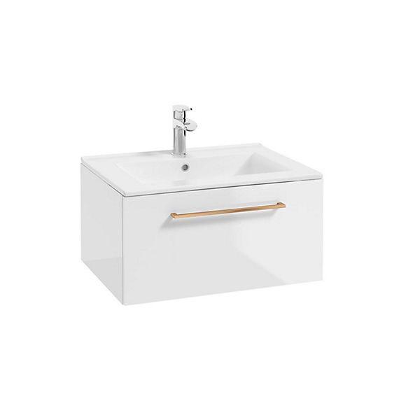 Badezimmer Waschtisch in weiß Hochglanz lackiert mit Metallgriff in kupfer und Keramikwaschbecken MESSINA-107, B/H/T ca. 60/32/46 cm