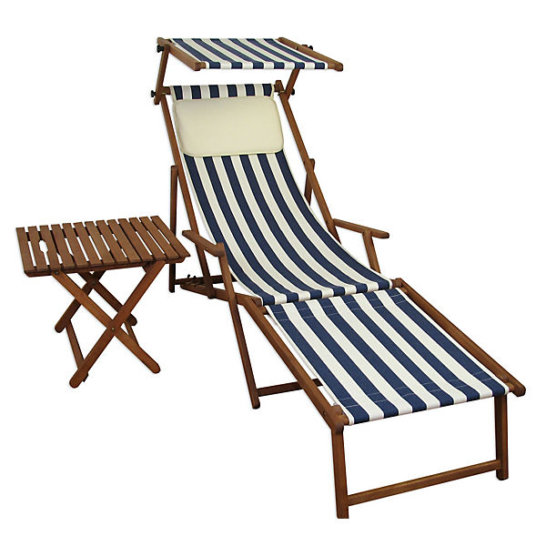 Liegestuhl blau-weiß Gartenliege Strandliege Sonnendach Tisch Kissen