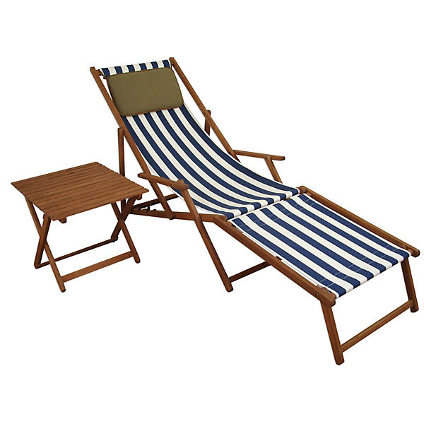 Liegestuhl blau-weiß Fußteil Tisch Kissen Gartenliege Deckchair Sonnenliege