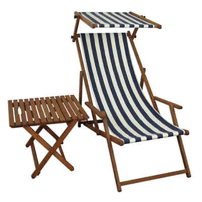 Liegestuhl blau-weiß Gartenstuhl Tisch Sonnendach Deckchair Strandstuhl