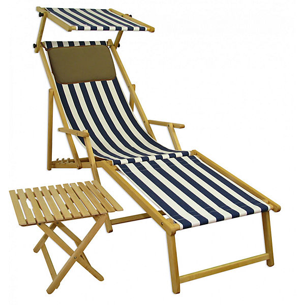 Relaxliege blau-weiß Gartenliege Strandliege Fußteil Kissen Sonnendach Tisch