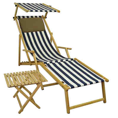Relaxliege blau-weiß Gartenliege Strandliege Fußteil Kissen Sonnendach Tisch