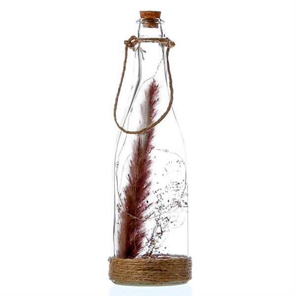 LED Dekoflasche mit braunen Trockenblumen - H: 24cm