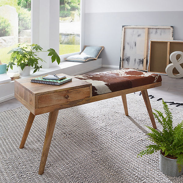 Mango Massivholz Bank mit Aufbewahrung und Kuhfell Polster 100x52x38 ... Mango Massivholz Bank mit Aufbewahrung und Kuhfell Polster 100x52x38 ...